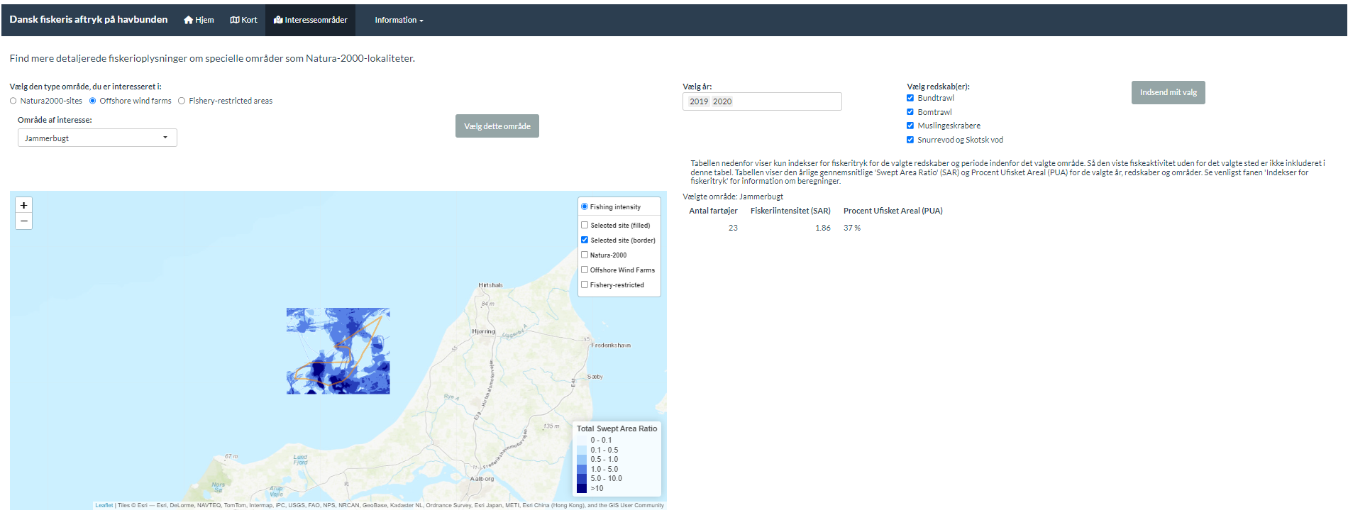 Eksempel på resultatside fra kortlægningsværktøjet "Dansk fiskeris aftryk på havbunden"