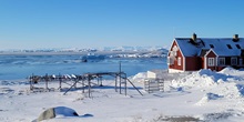 View of Disco Bay, Greenland in snowcovered landscape