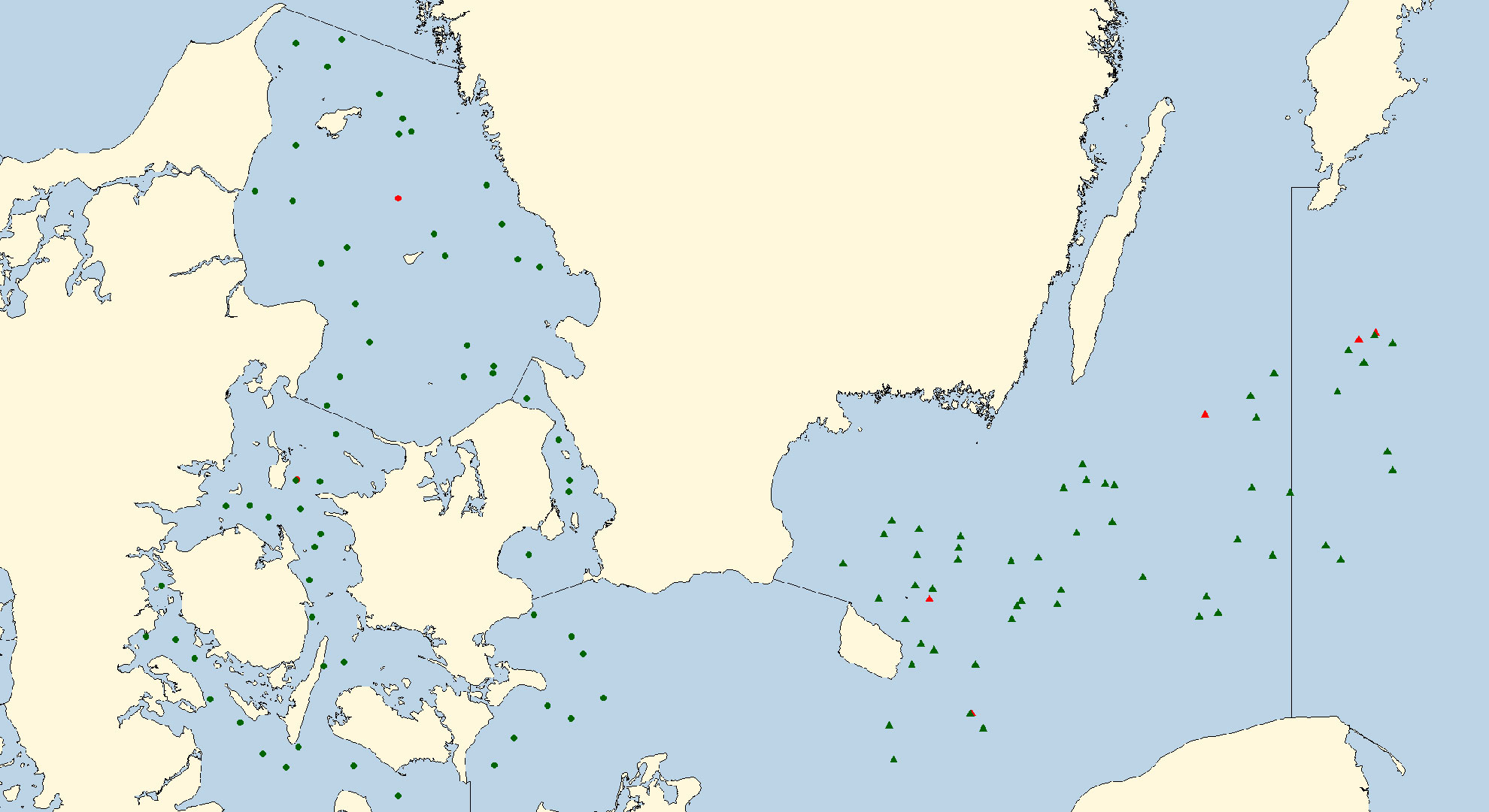 Map of most of the stations in Danish BITS survey in 2024